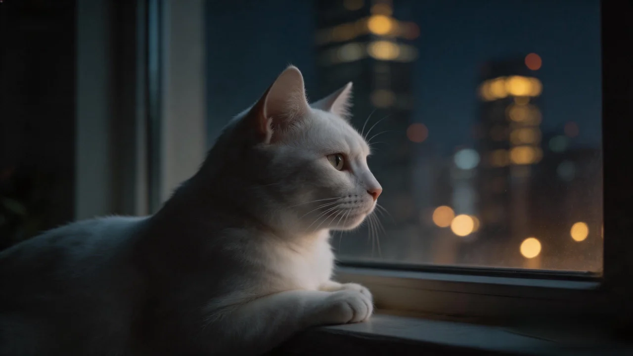 White cat at a city window — watermark removed