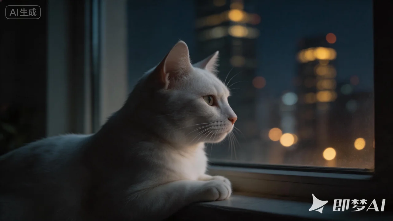 White cat at a city window — original watermarked image